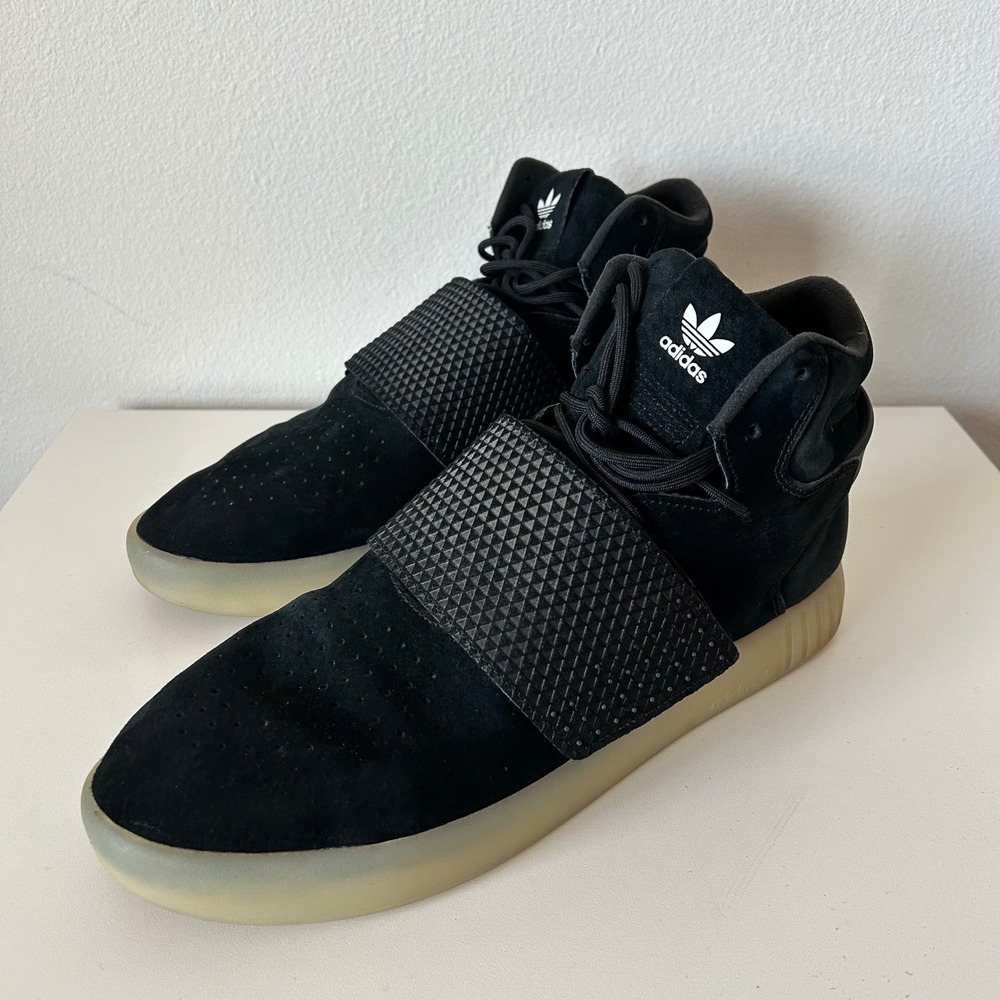 Adidas Tubular Invader‎ Strap Mens 12 Black Suede High Top Lace Up Sneakers